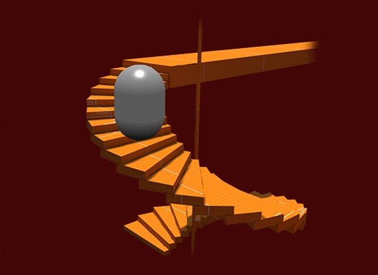 a pill-shaped mesh moving up a spiral staircase illustrating Havok physics in a simple character controller.